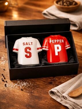 Salt & Pepper Jersey-Shaped Ceramic Shakers - White and Red